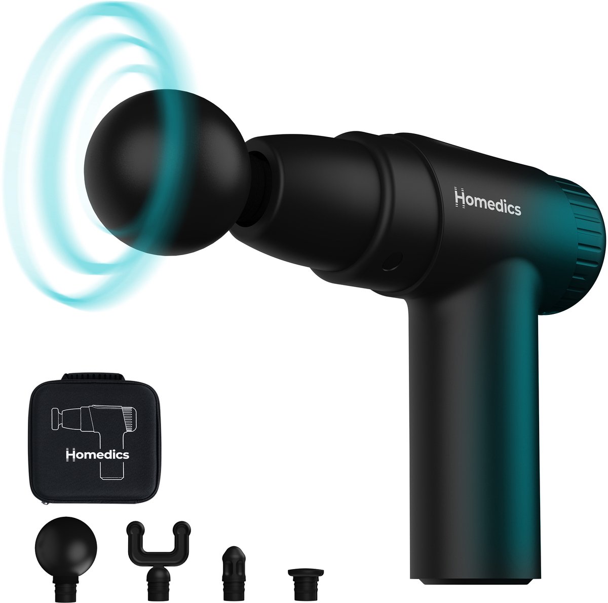 HoMedics Novo Draadloze Mini Massage Gun - Lichtgewicht Design - 6 intensiteitsinstellingen - 1400 tot 2800 RPM - 4 Opzetstukken - Tot 3 uur Gebruiksgemak - USB C - Massagegun Om Spierpijn Te Verlichten - PGM45BK