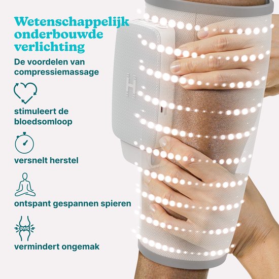 Kuitbandage met witte controller, omringd door gloeiende lichtjes die bloedsomloop en spierontspanning illustreren.