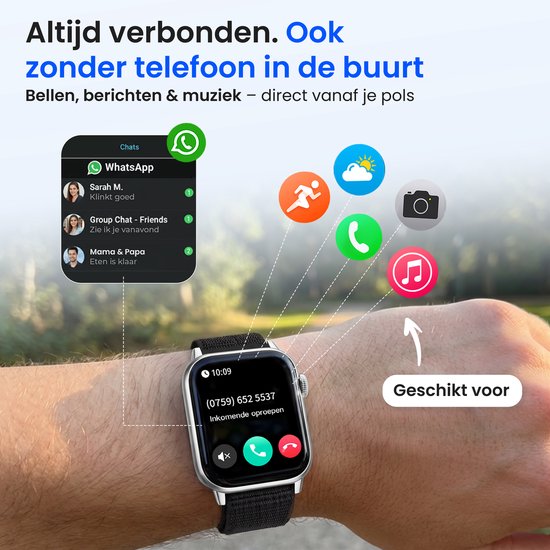 Hand met Siltcon Smartwatch Pro die een oproep toont. Geschikt voor bellen, berichten en muziek zonder telefoon.