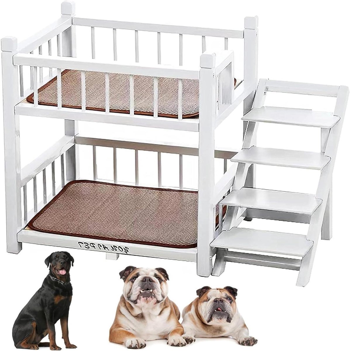 Honden Stapelbed - Hondenmand Dubbellaags - Meerdere Honden Slapen - Met Afneembare Trap - 80x62x80 cm - Wit