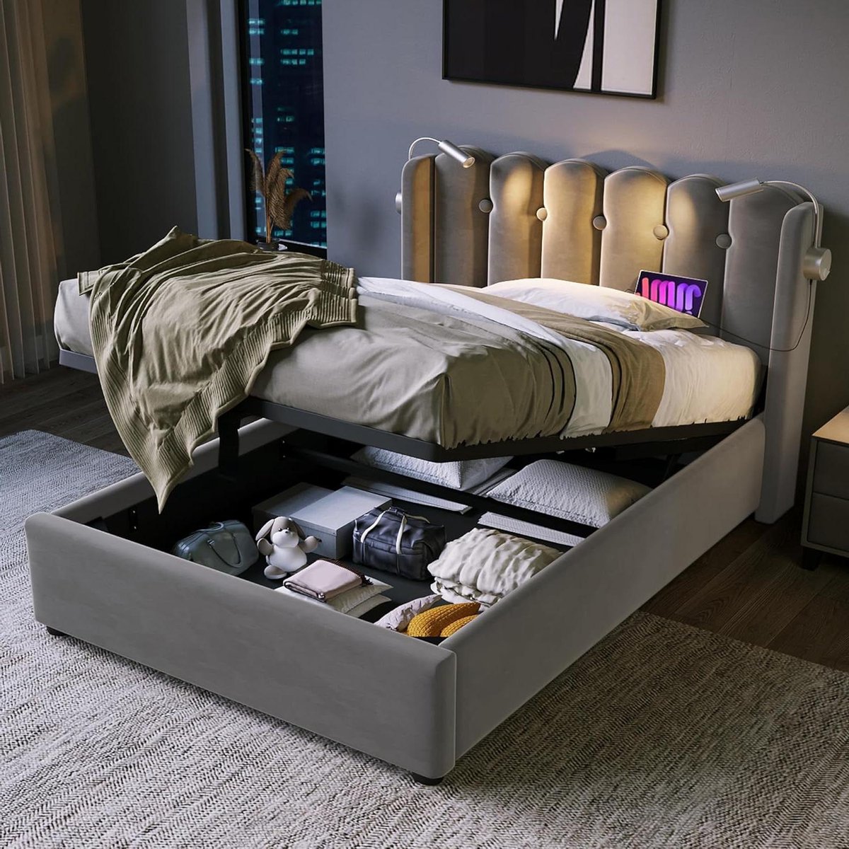 Bedframe met opbergruimte - Tienerbed Gestoffeerd - Comfortabel Slapen - Geïntegreerde lee