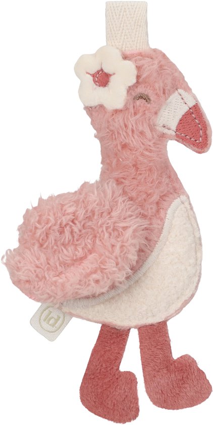 Zachtroze flamingo decoratie met witte bloem op hoofd en kroontje.