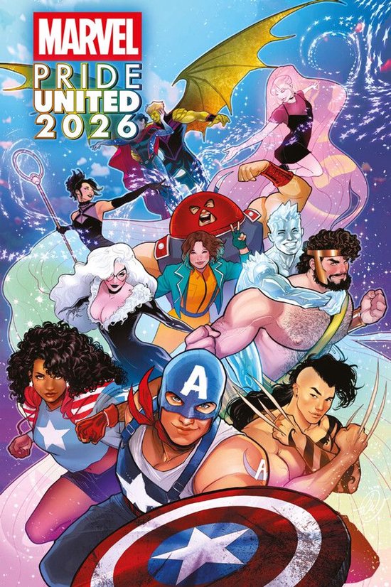 Marvel Pride United 2026 présente un groupe de super-héros, y compris Captain America et Wolverine, dans des couleurs vives avec des feux d'artifice.