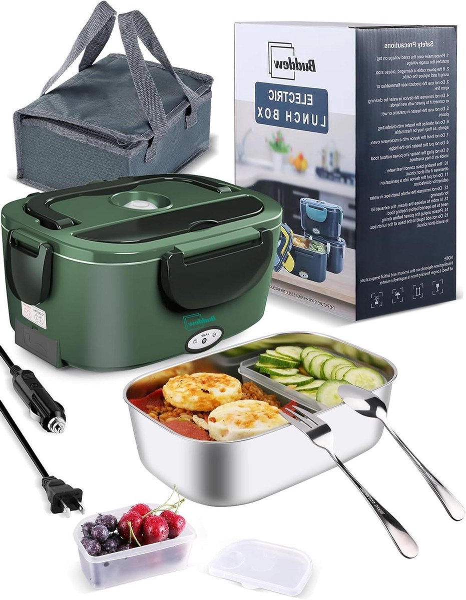 Elektrische Lunchbox - Verwarmbare Lunchbox - Warm Eten Onderweg - Snelle 80W Verwarming - 1.5 Liter - Donkergroen