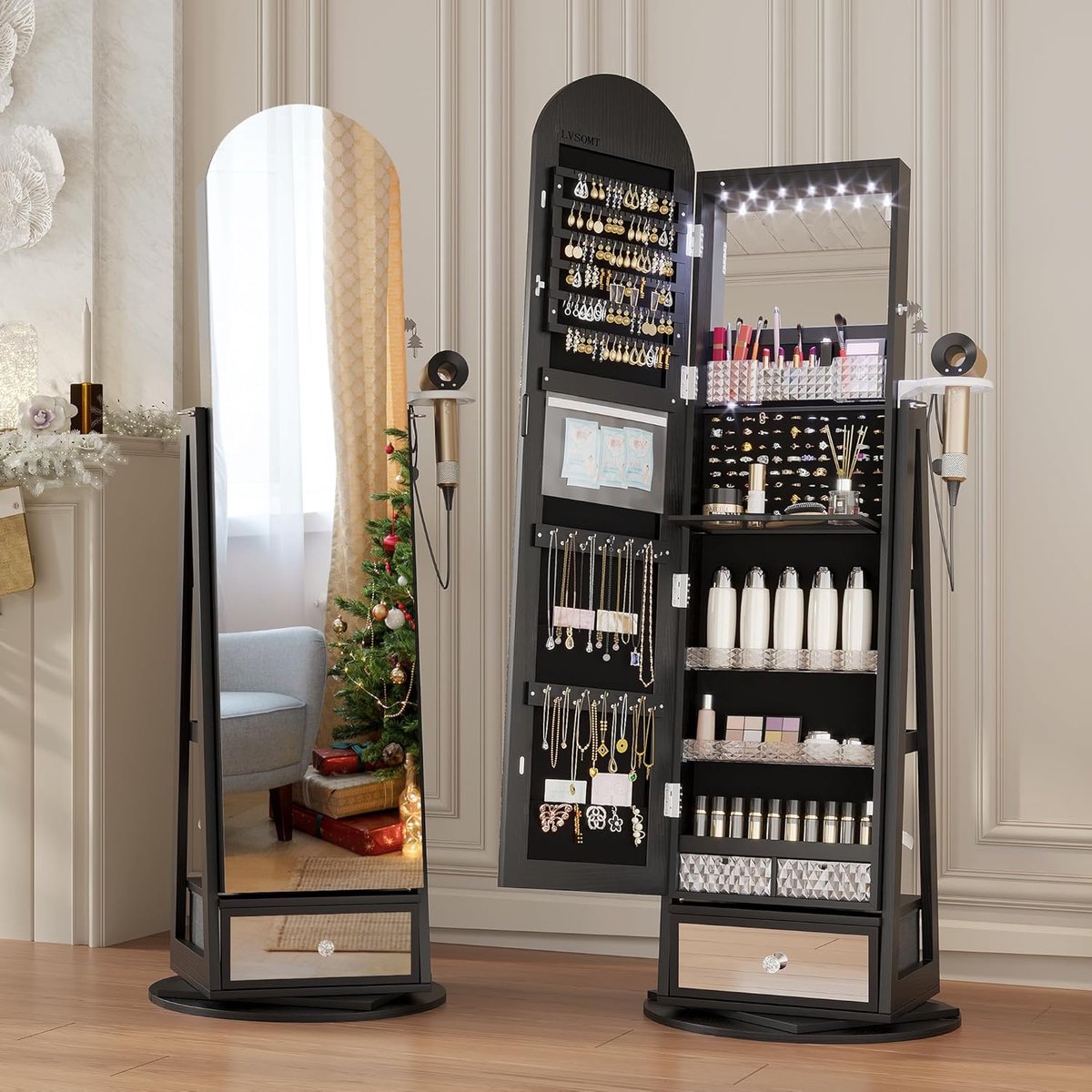 Sieradenkast met spiegel - Staande spiegelkast - Organiseren van accessoires - 360 graden draaibaar - 163 x 37 cm - Zwart