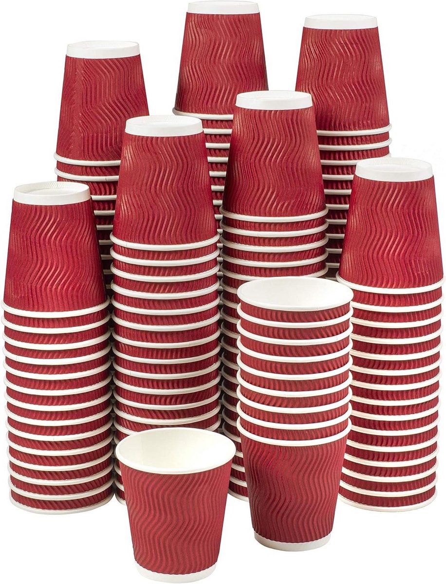 Papieren Bekers - Hete Drank - Thuis Kantoor - 3-Laags Golfkarton - 150 Stuks - Rood