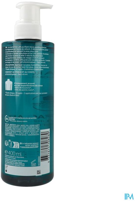 La Roche-Posay Effaclar micro-peeling zuiverende gel in een heldere turkooizen fles, met gedetailleerde productinformatie en gebruiksaanwijzing.