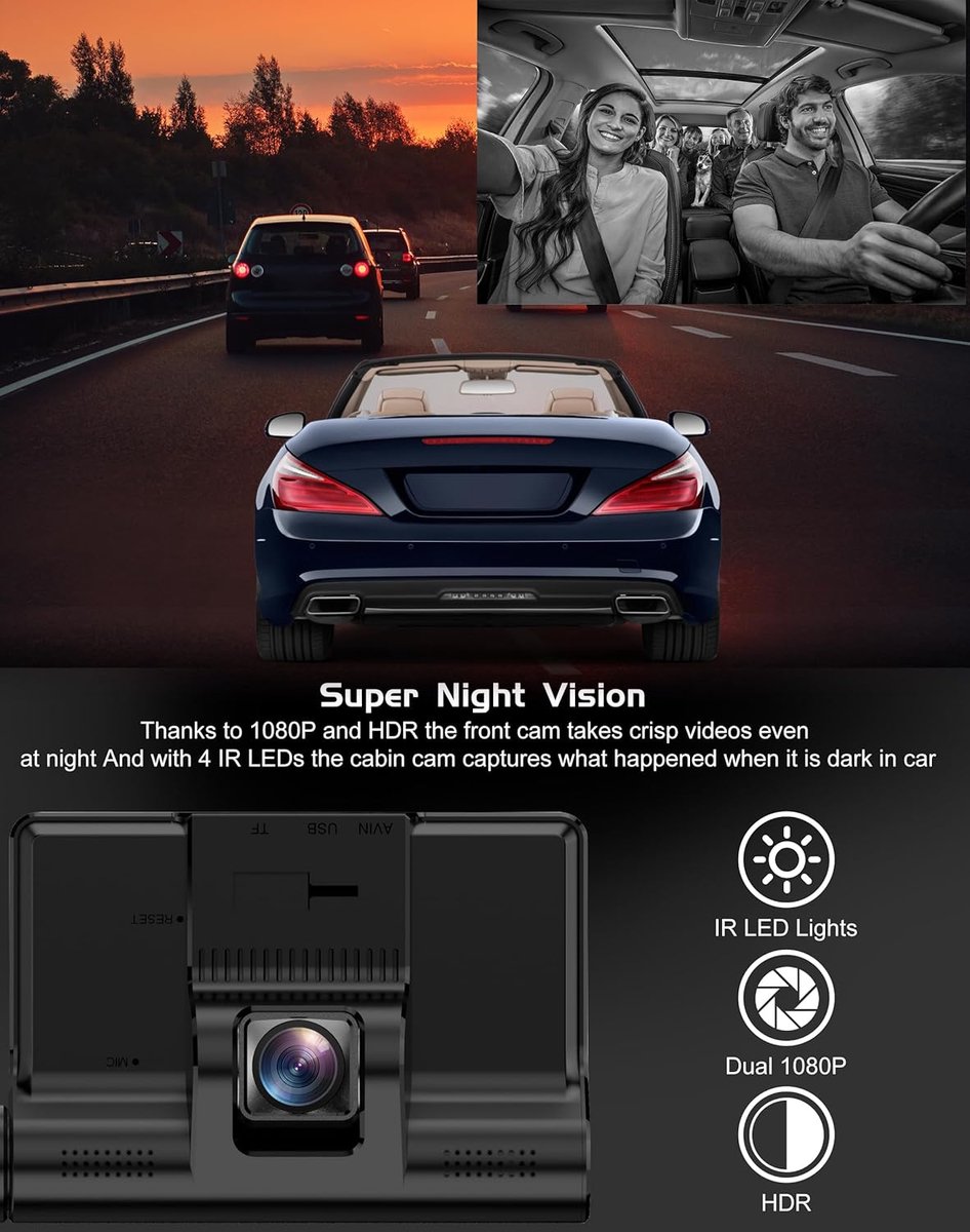 Auto Camera Set - Dashcam Recorder - Veilig Rijden - 3 Kanalen Opname - 4 Inch Display - Zwart – foto 5