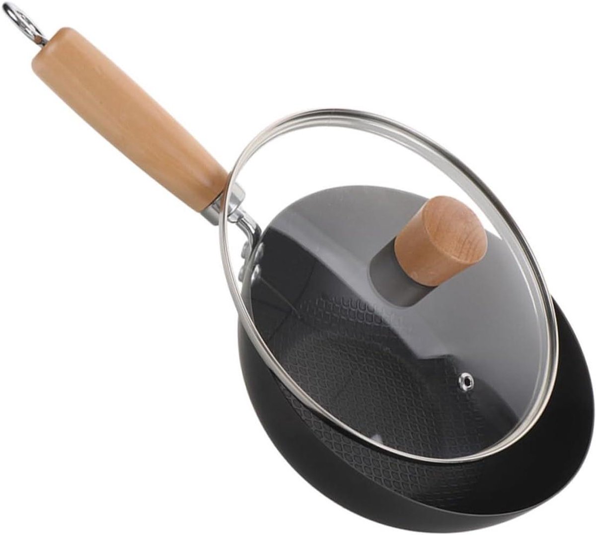 POPETPOP Pan Met Deksel Wokken Kookplaat Wok Traditionele Ijzeren Wok Wokpan Met Deksel Chinese Kookwok Roerbakpannen Gietijzeren Kookgerei Kleine Gietijzeren Braadpan Hout Zwart