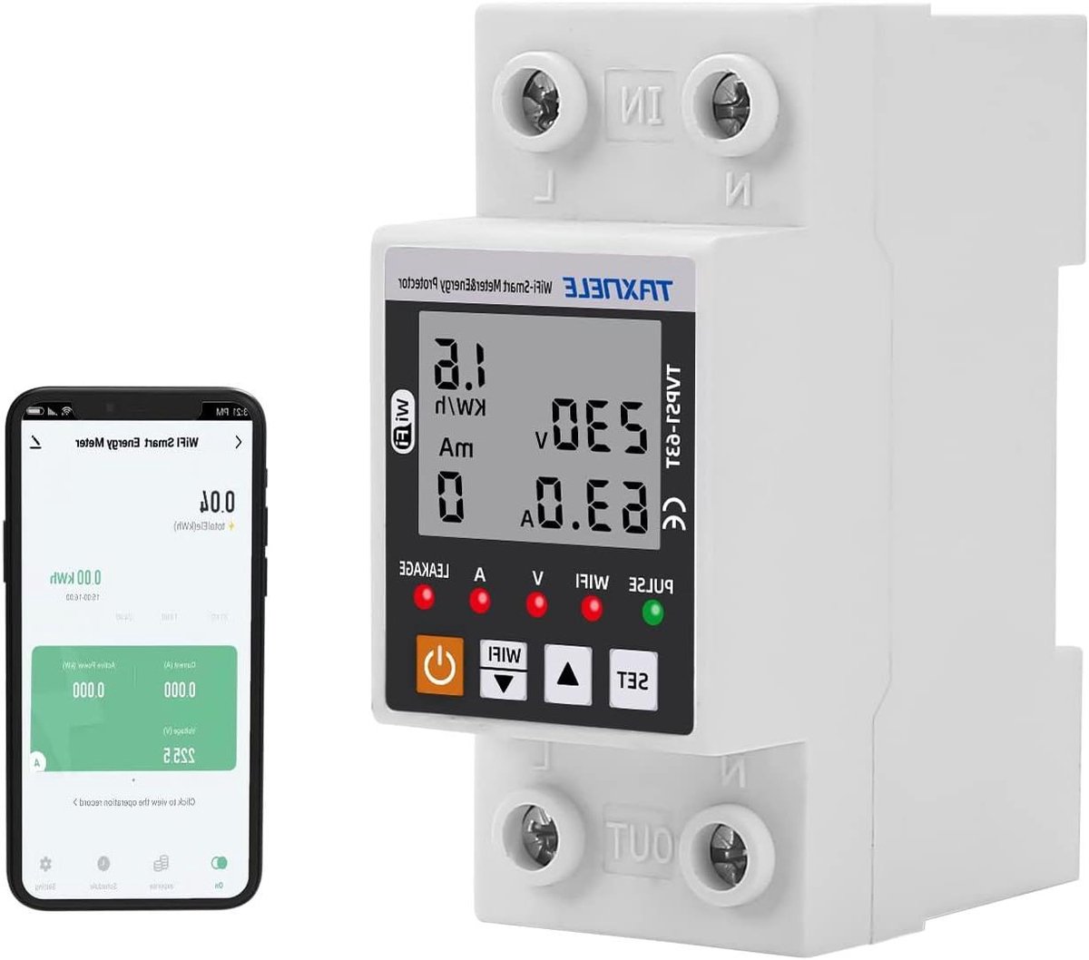 Slimme Energiemeter - Stroommonitor Relais - Energie Verbruik Meten - Afstandsbediening via App - AC 63A - Wit