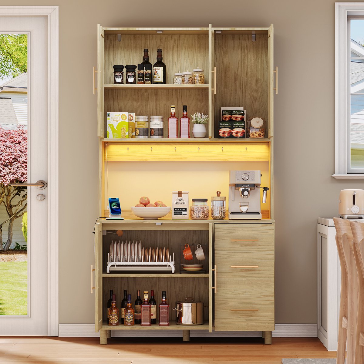 Keukenkast - Keukendressoir - buffetkast van 183 cm met app-gestuurde decoratieve ledverlichting, 2 x USB-poorten, 2 x stopcontacten, verstelbare planken, 3 lades en goudkleurige metalen handgrepen - Wit