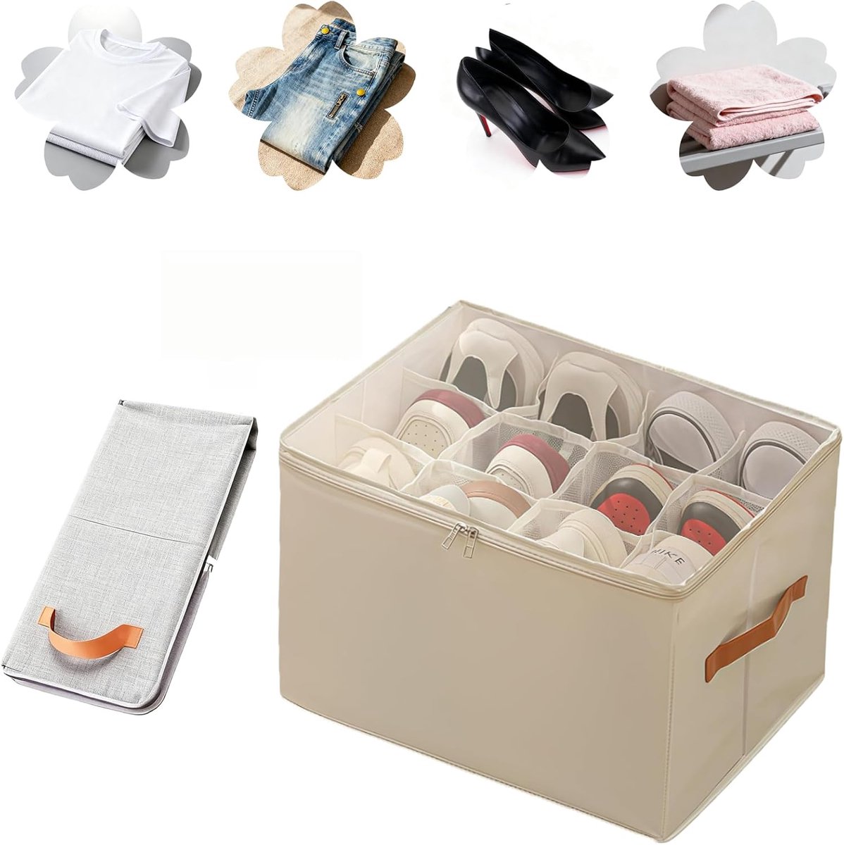 KZQ Opvouwbare Opbergdoos Met 12 Vakken Transparant Deksel Stofvrij Schoenenbox Stapelbaar Beige Voor Sneakers Sandalen Sokken Handdoeken Speelgoed Slaapkamer Gang Studentenhuis
