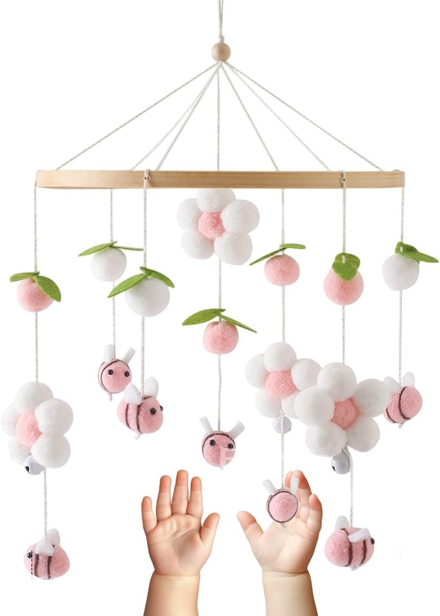Ledikant Mobiel - Houten Decoratie - Babykamer Aankleden - Zintuiglijke Stimulatie - 41x23cm - Roze