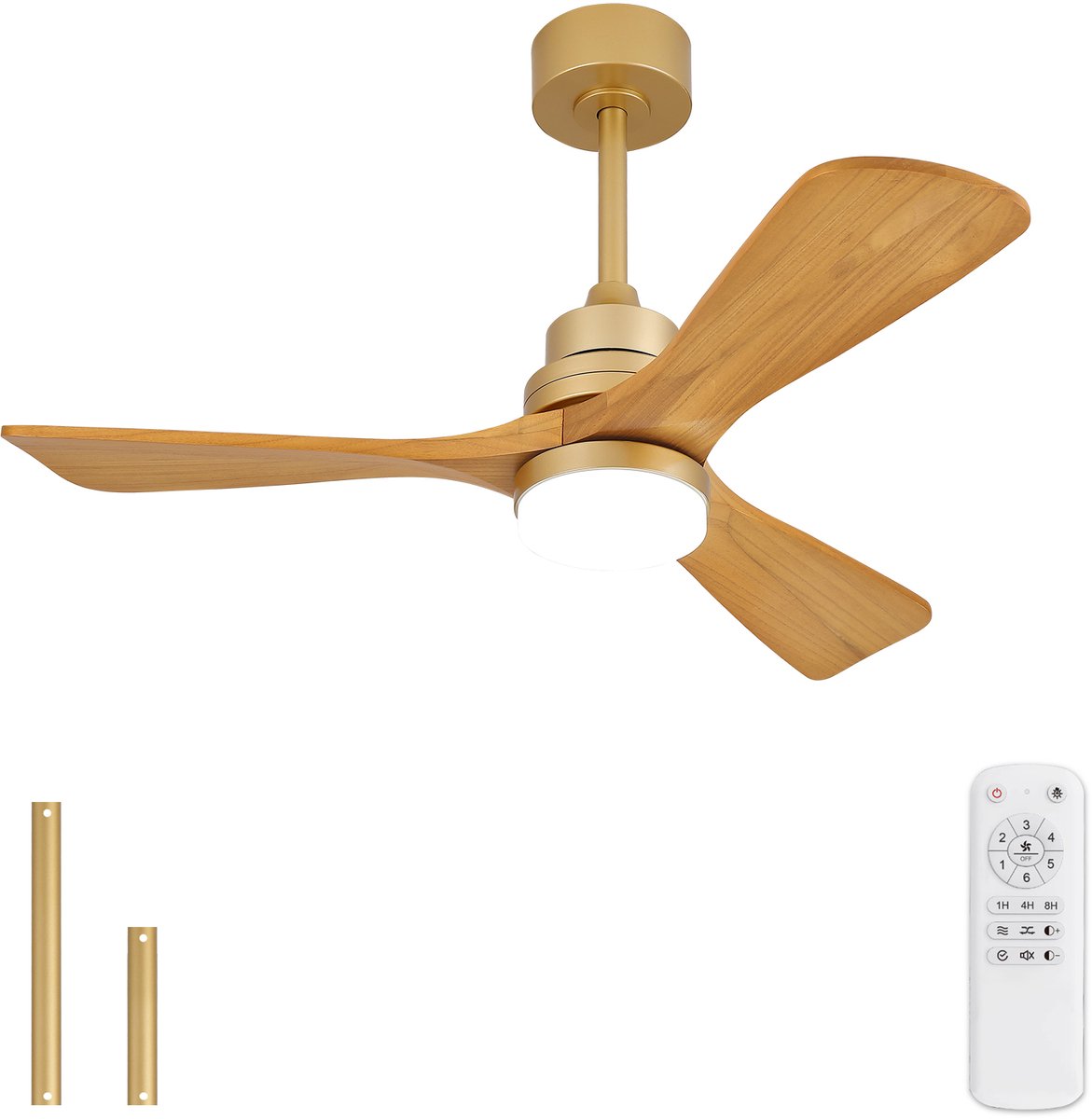 Gutent - Houten plafondventilator met licht - Goud - 107cm - 3 bladen - DC motor - Met afstandsbediening - Voor binnen en buiten - Terras