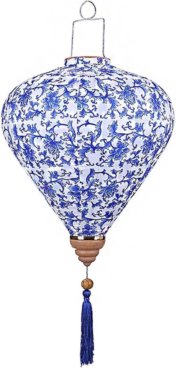 Stoffen Lantaarn - Oosterse Decoratie - Feestelijke Sfeer - Met Kwastjes - 30 cm Diameter - Blauw Wit
