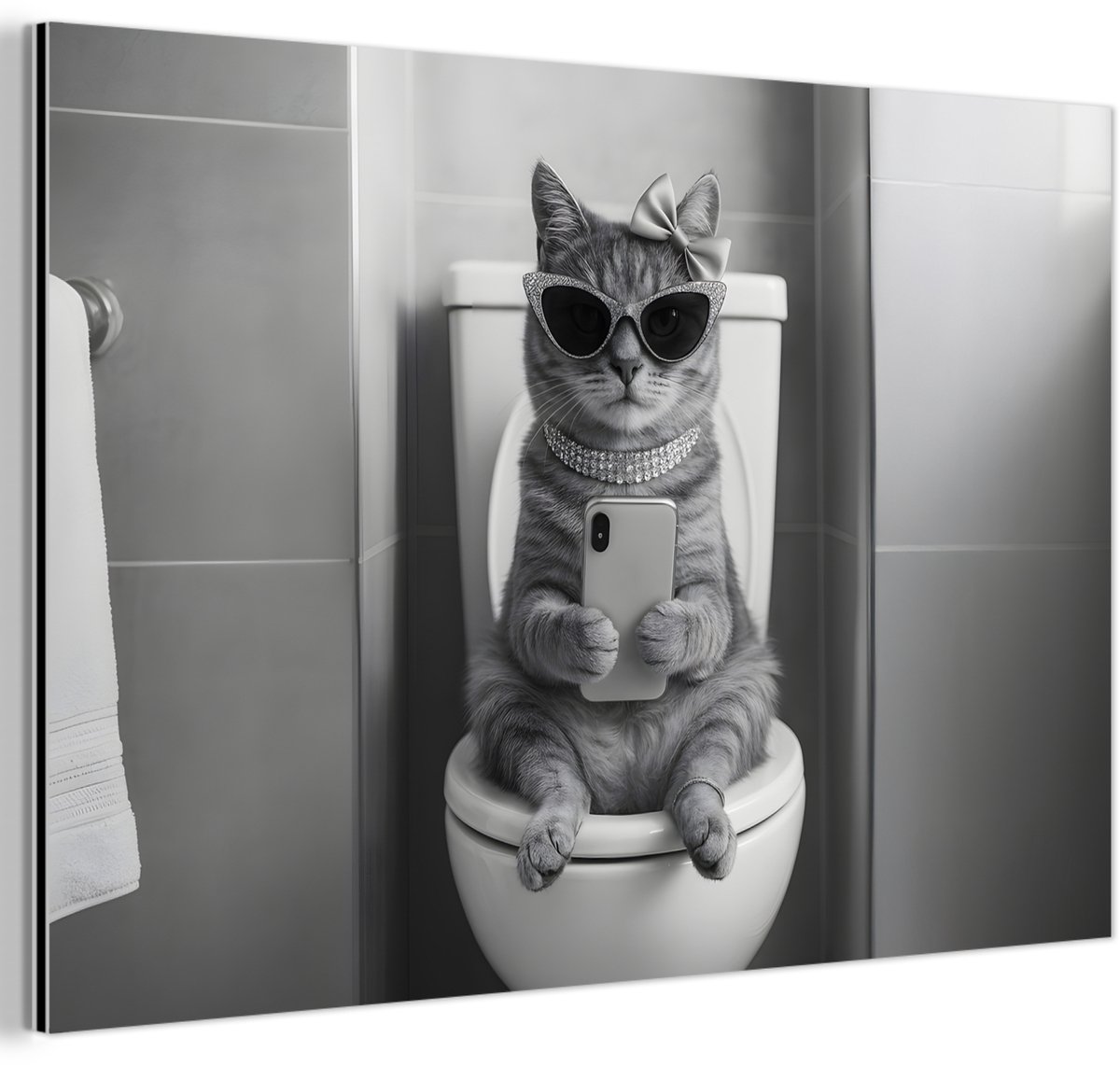 Aluminium schilderij 150x100 cm - Wanddecoratie metaal - Kat - Telefoon - Toilet - Zwart -