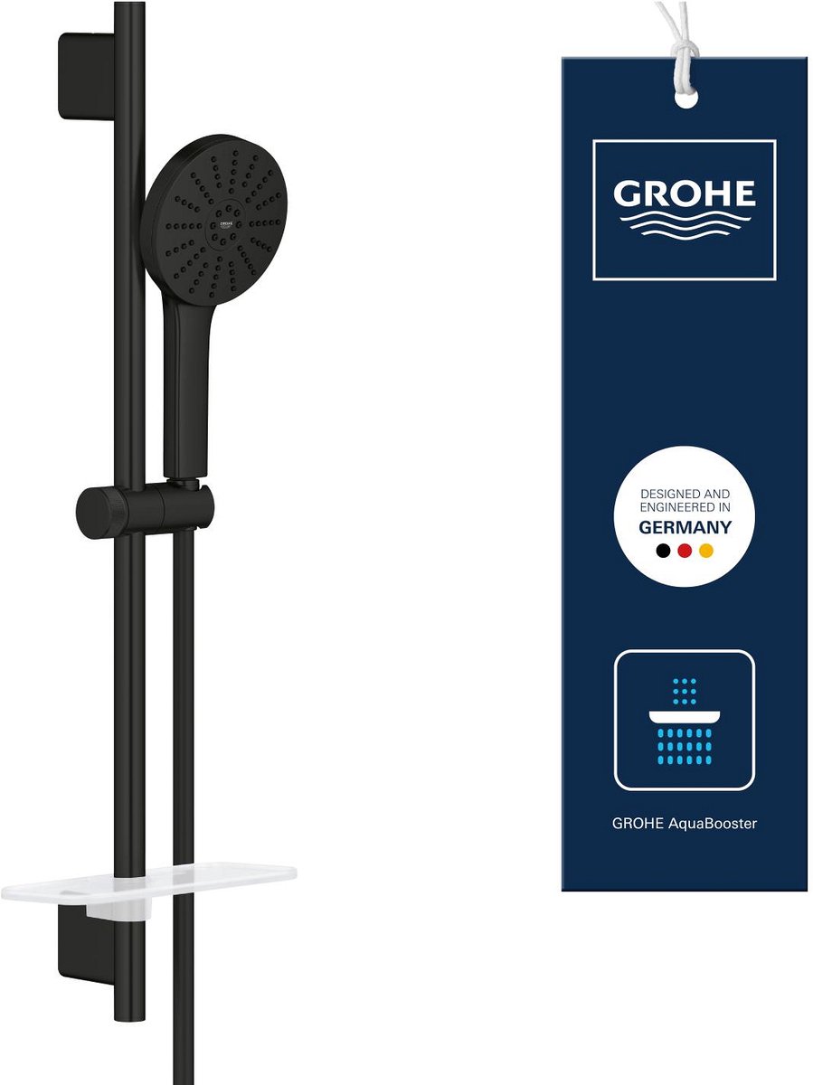 GROHE Vitalio Joy+ 120 Doucheset met Douchestang – Met Douchekop, Doucheslang & Zeepschaal – 3 Straalsoorten – AquaBooster – Waterbesparend (7L/min) – Matte Black