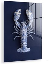 MuchoWow® Glasschilderij 30x40 cm - Schilderij acrylglas - Kreeft - Porselein - Delfts - Blauw - Foto op glas - Muurdecoratie woonkamer - Wanddecoratie slaapkamer - Schilderijen