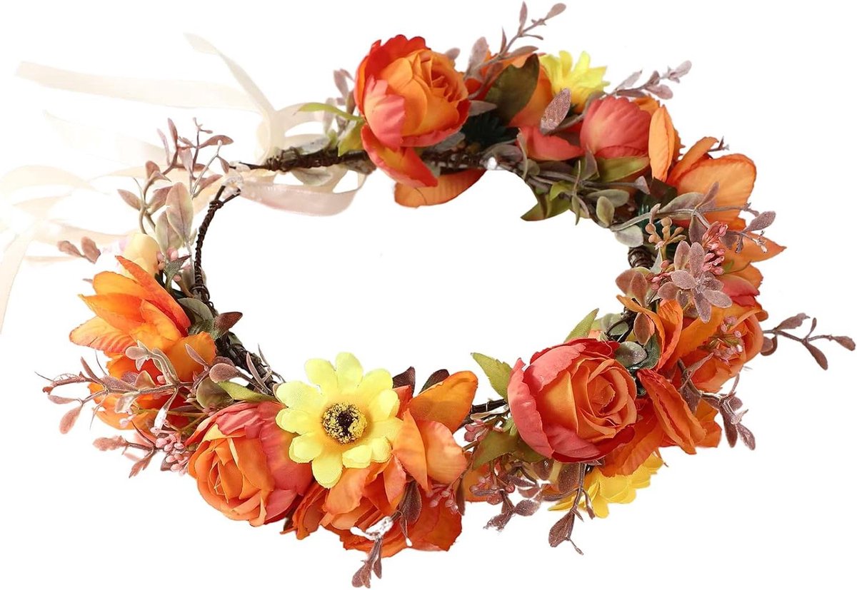Bloemen Kroon - Haar Krans - Feestelijk Accessoire - Handgemaakt Realistisch - Verstelbaar - Oranje