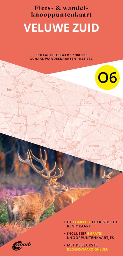 Fiets- en wandelkaart Veluwe Zuid, schaal 1:80.000. Herten in de natuur met knooppuntenkaart.
