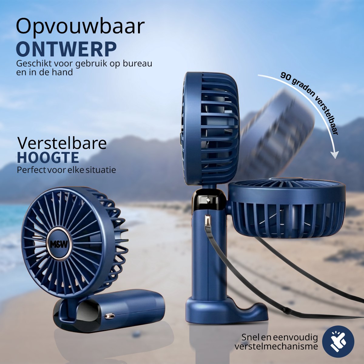 Draagbare Elektrische Hand Ventilator - Airco Verkoeling - Mini Tafelventilator - 5 standen USB Oplaadbaar - Zomer Cadeau Blauw — afbeelding 8