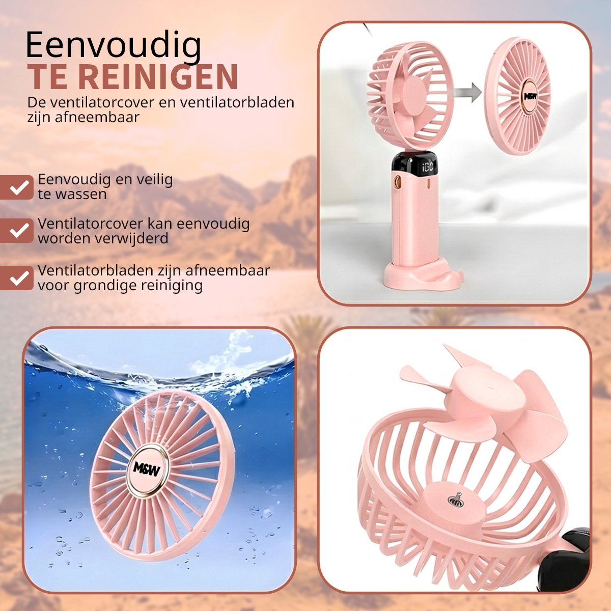 M&W Draagbare Elektrische Hand Ventilator - Mini Hand Fan - Airco Verkoeling - USB Oplaadbare Ventilatoren - Handventilator Roze — afbeelding 10