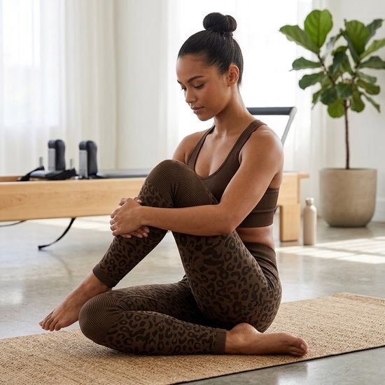 Koffie bruin sport legging dames - high waist fitness legging met luipaardprint - elastische yoga legging met aansluitende pasvorm - sport broek voor fitness yoga training en hardlopen - maat S van Merkloos — afbeelding 4