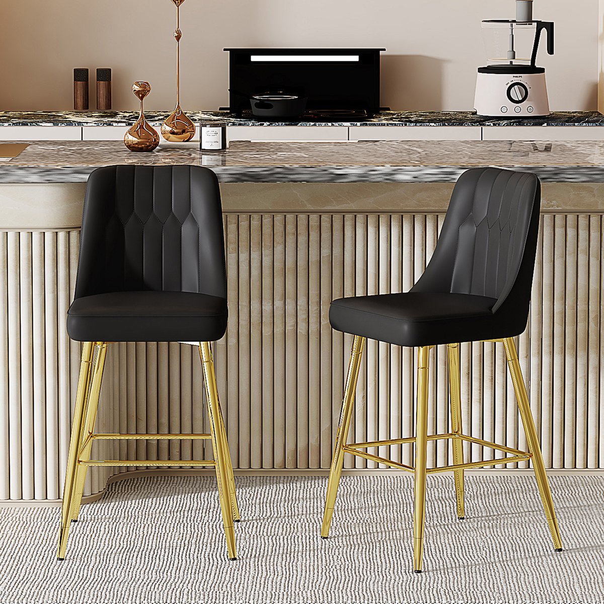 HAUSS SPOLE Barkruk Set van 2 - Modern Design Met Rugleuning En Voetensteun - Voor Keuken Eiland En Thuisbar - Kunstleer - Zwart Goud Black