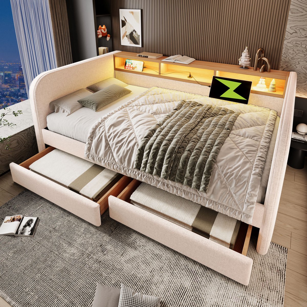 Gestoffeerd Bed 140x190 cm - Slaapbank Met Led, USB-C en Opbergvak - 2 Laden en Zonder Matras - Linnen en Hout - Lichtbeige