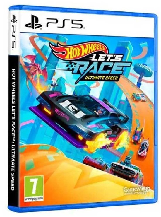 Playstation 5 speldoos met 'Hot Wheels Let's Race: Ultimate Speed!' logo. Een futuristische zwarte auto met paarse accenten en vlammen uit de uitlaat scheurt over een oranje racebaan.