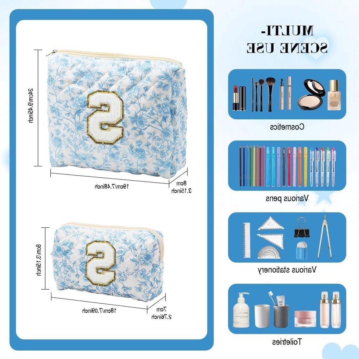 Set van 2 Make-up Tassen met Initalen, Gequilt Bloemdesign, Ideaal voor Reizen, Bruidsmeisjes, Cadeau en Dagelijks Gebruik, Inclusief Penseel Etui