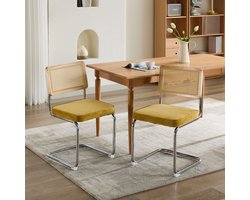 Wishdor Set van 2 Retro Sledestoelen met Webbing - Fluwelen Eetkamerstoelen (Okergeel) - Chroom Buisframe - Bauhaus