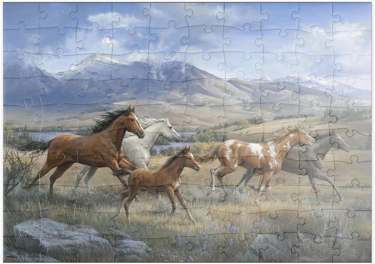 Legpuzzel Bergen Paarden - Landschap Puzzel - Ontspanning Thuis - Hoge Resolutie Print - 100 Stukjes - Multicolor