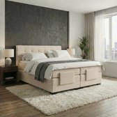 Chambre à coucher avec lit boxspring beige, plaid gris et tapis blanc.
