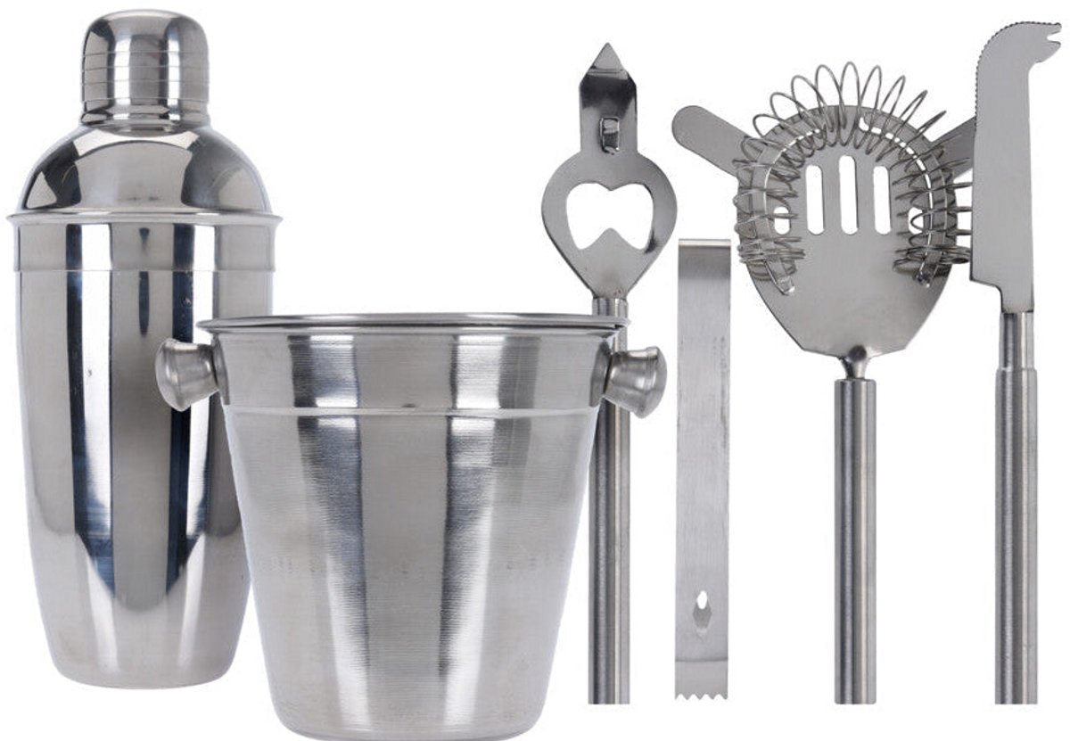 Cookinglife Barset RVS 6-Delig - Cocktailshaker, Ijsemmer, Zeef, Flesopener, Tang en Mes