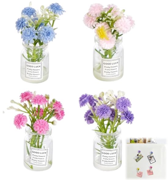 4 stuks-Koelkastmagneten - Mini vaasvormige koelkastmagneten - Magnetisch - Lichtgevend in het donker - Woondecoratie - Geschikt voor het versieren van koelkasten en opbergkasten - Paars - Rosé - Roze - Blauw - 1*6 cm