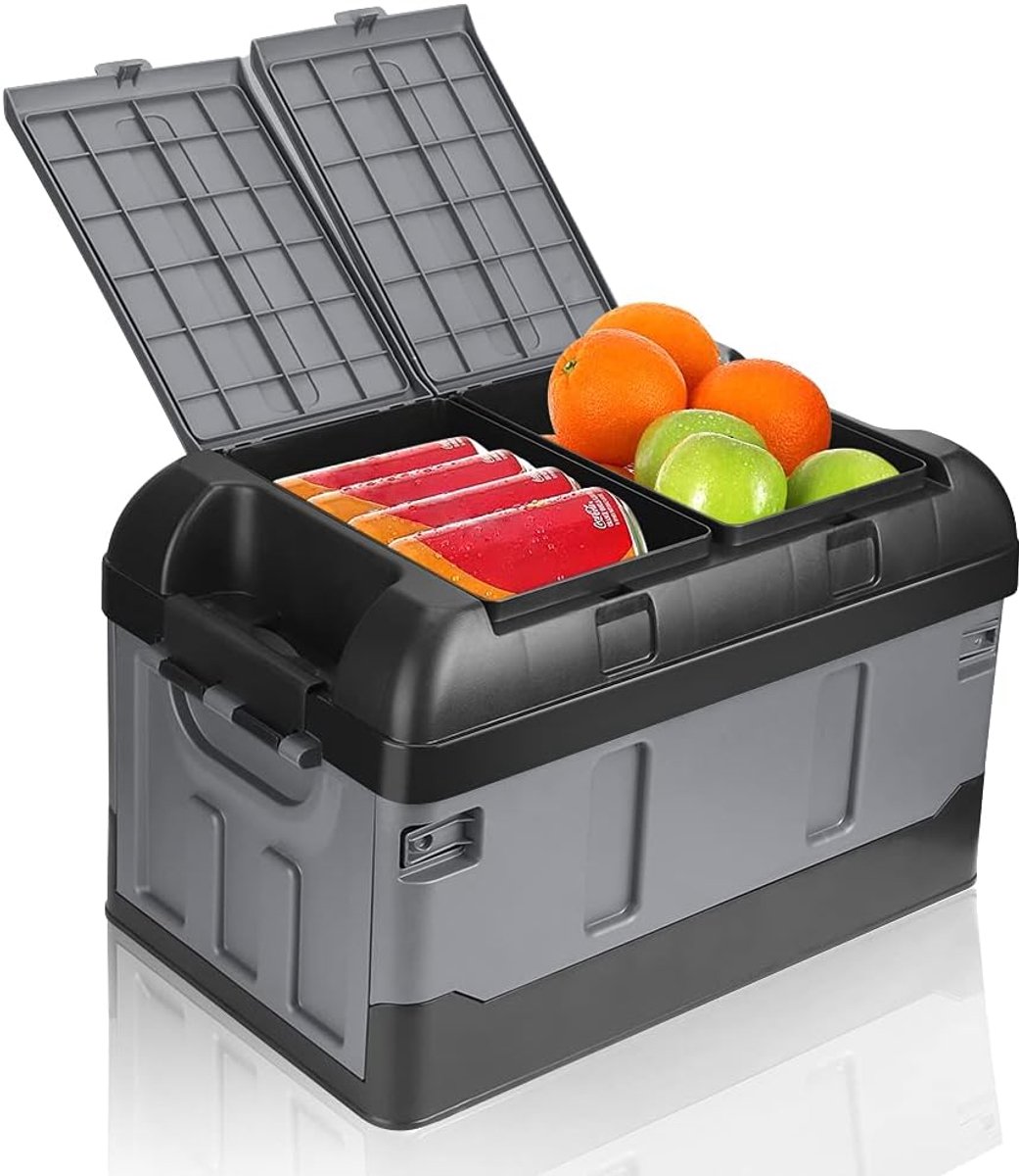 45L Trunk Storage Box - Trunk Organizer met Deksel - Twee Compartimenten - Vouwbare Plastic Auto Opbergdoos voor Reizen - Vissen - Kamperen - 47 x 29 x 29 cm - Maximaal Belastbaar 60KG