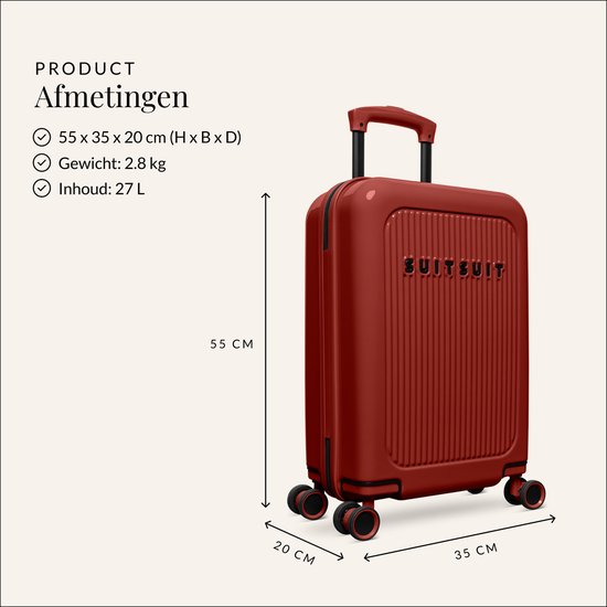 Rode koffer, 55x35x20 cm, met SUITSUIT logo. Afmetingen staan aangegeven.