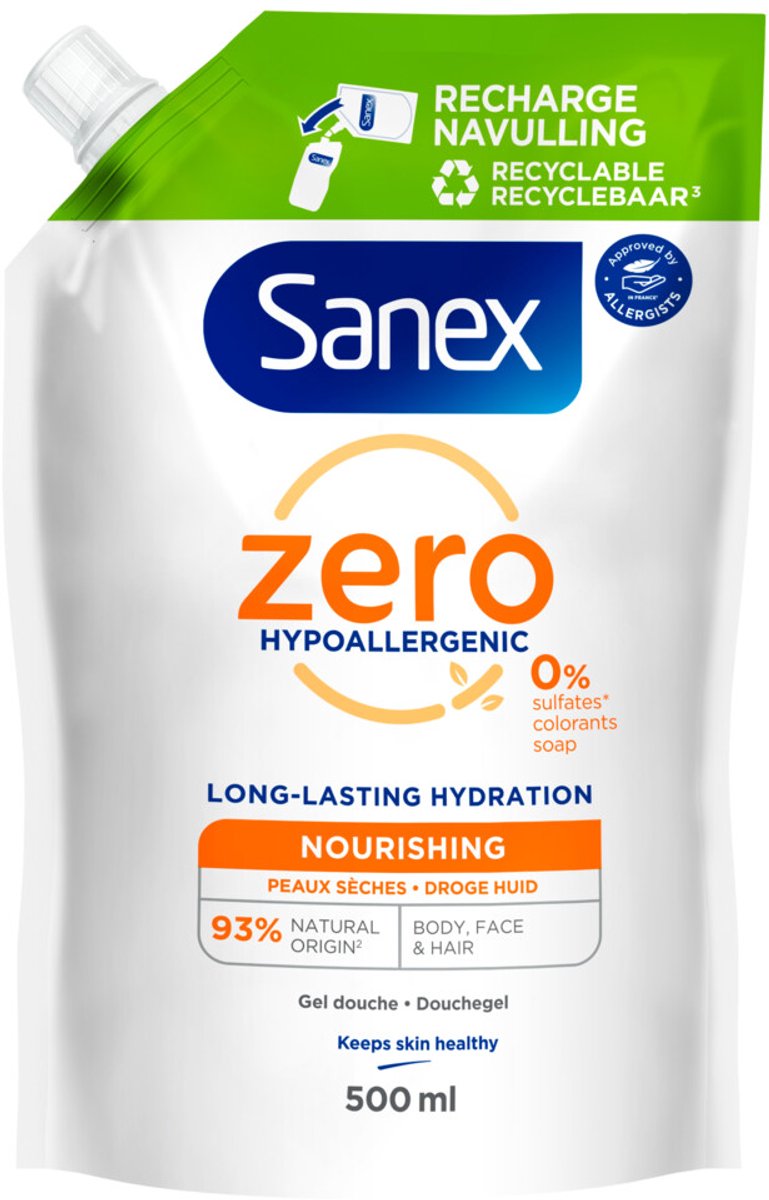 Sanex - Douchegel Navulzak Zero% Nourishing - 3 x 500 ml - Voordeelverpakking