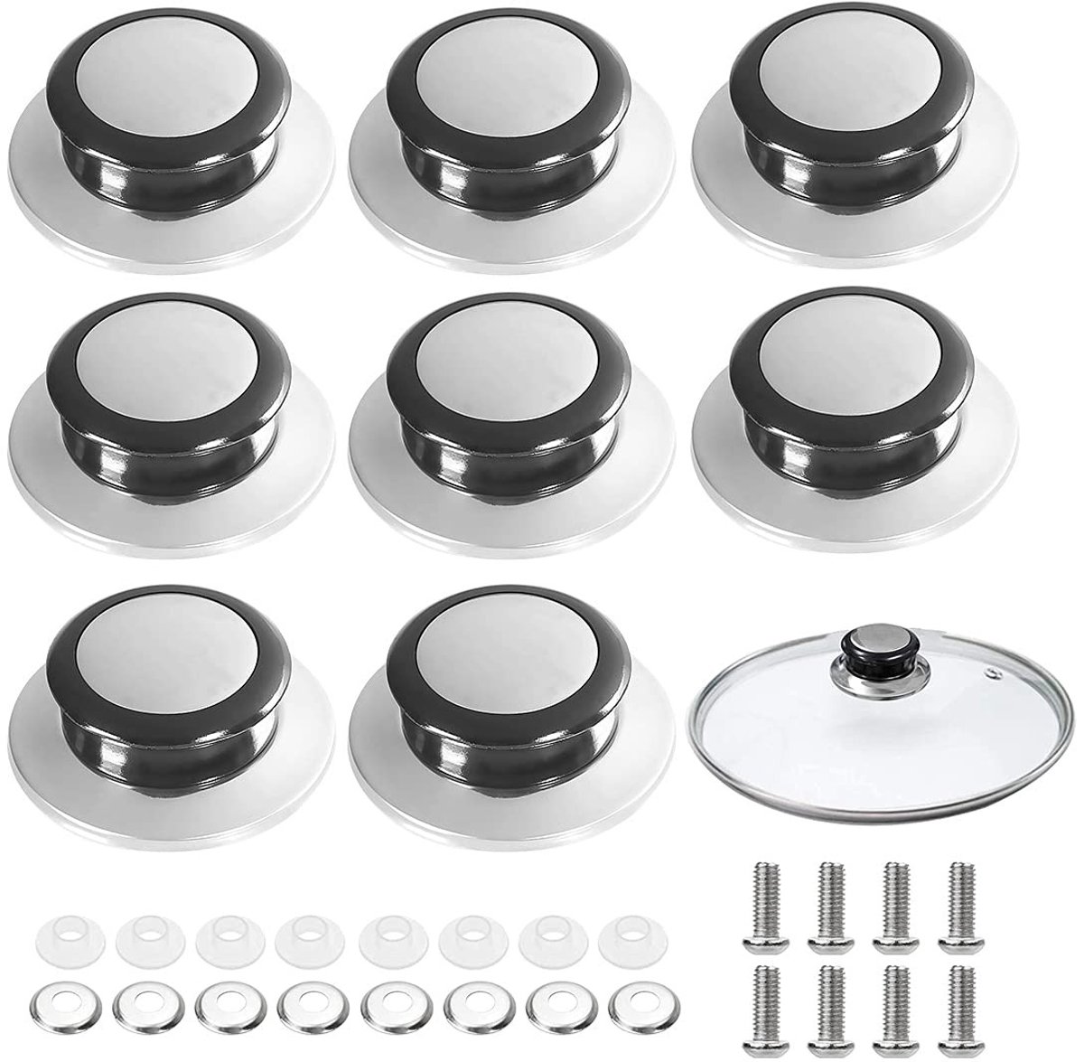 Dailygoods - Dailygoody - Universele Pannendekselknoppen - Vervangingsknoppen voor Potdeksels - Roestvrij Staal - Keukenaccessoires - 8 Stuks - Geschikt voor Diver...