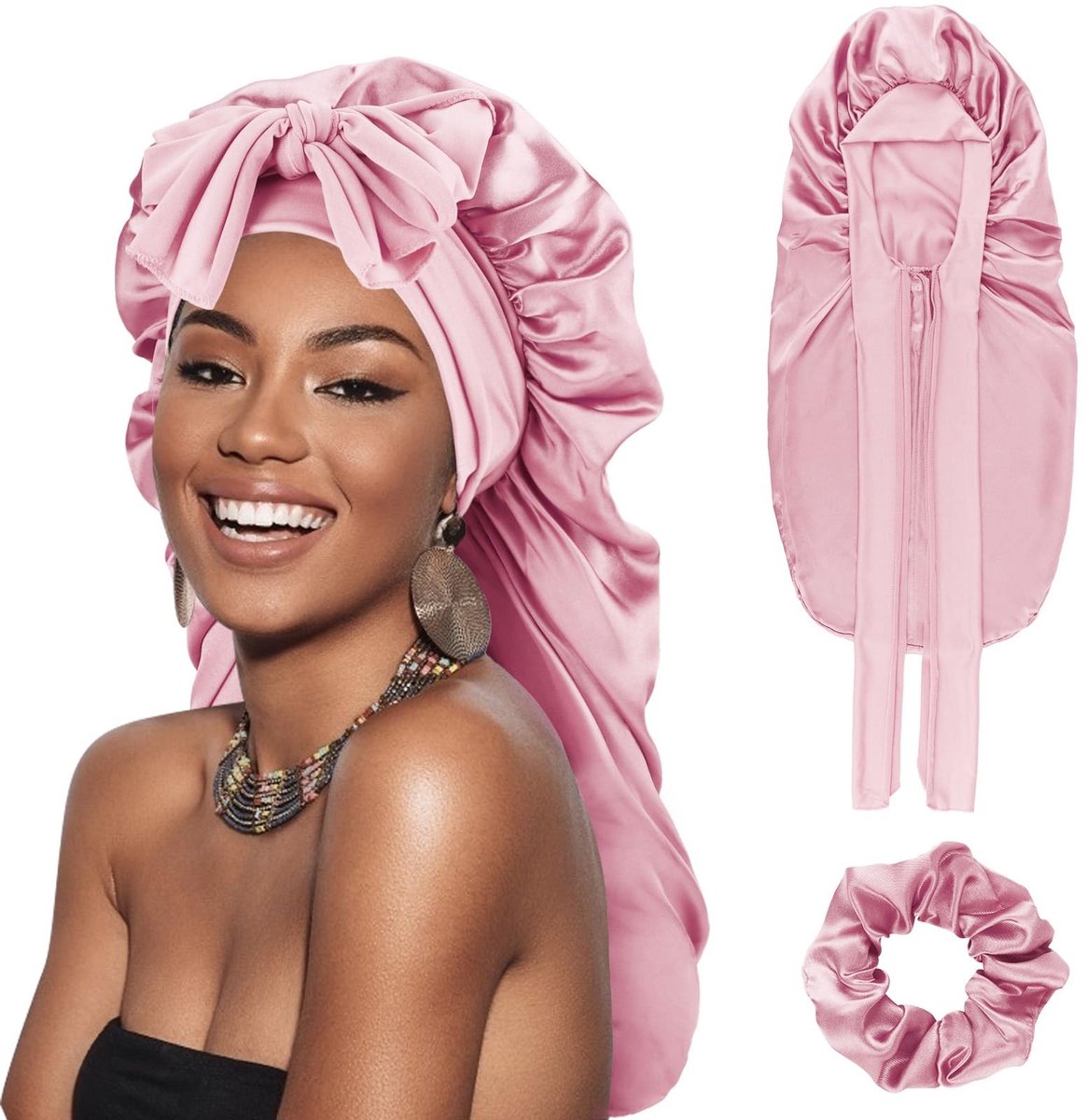 Dailygoody - Satijnen Slaapmutsje - Lang Haar - Elastische Band - Nachtmuts voor Dames - Geschikt voor Krullend Haar - Zijden Mutsje