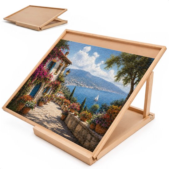Table à puzzle en bois avec un puzzle représentant un village au bord de la mer.