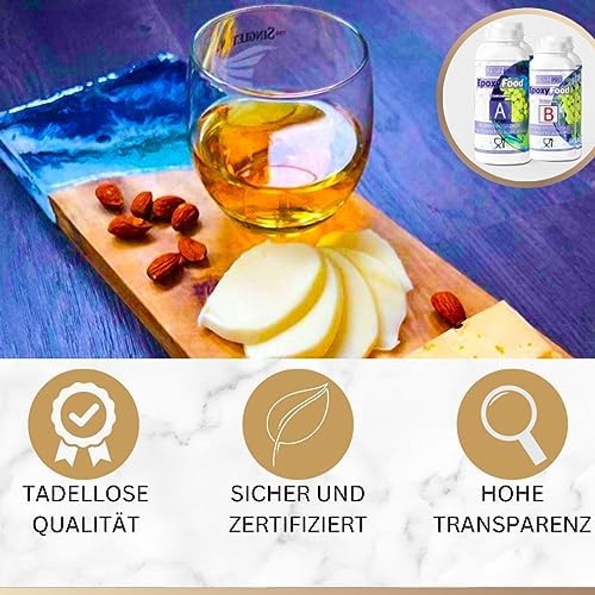 EPOXY RESIN LEVENSMIDDELECHT-9,3 kg: ideaal voor tafels, tablets, borden en onderzetters, gecertificeerd, gratis handschoenen, 100% Made in Italy