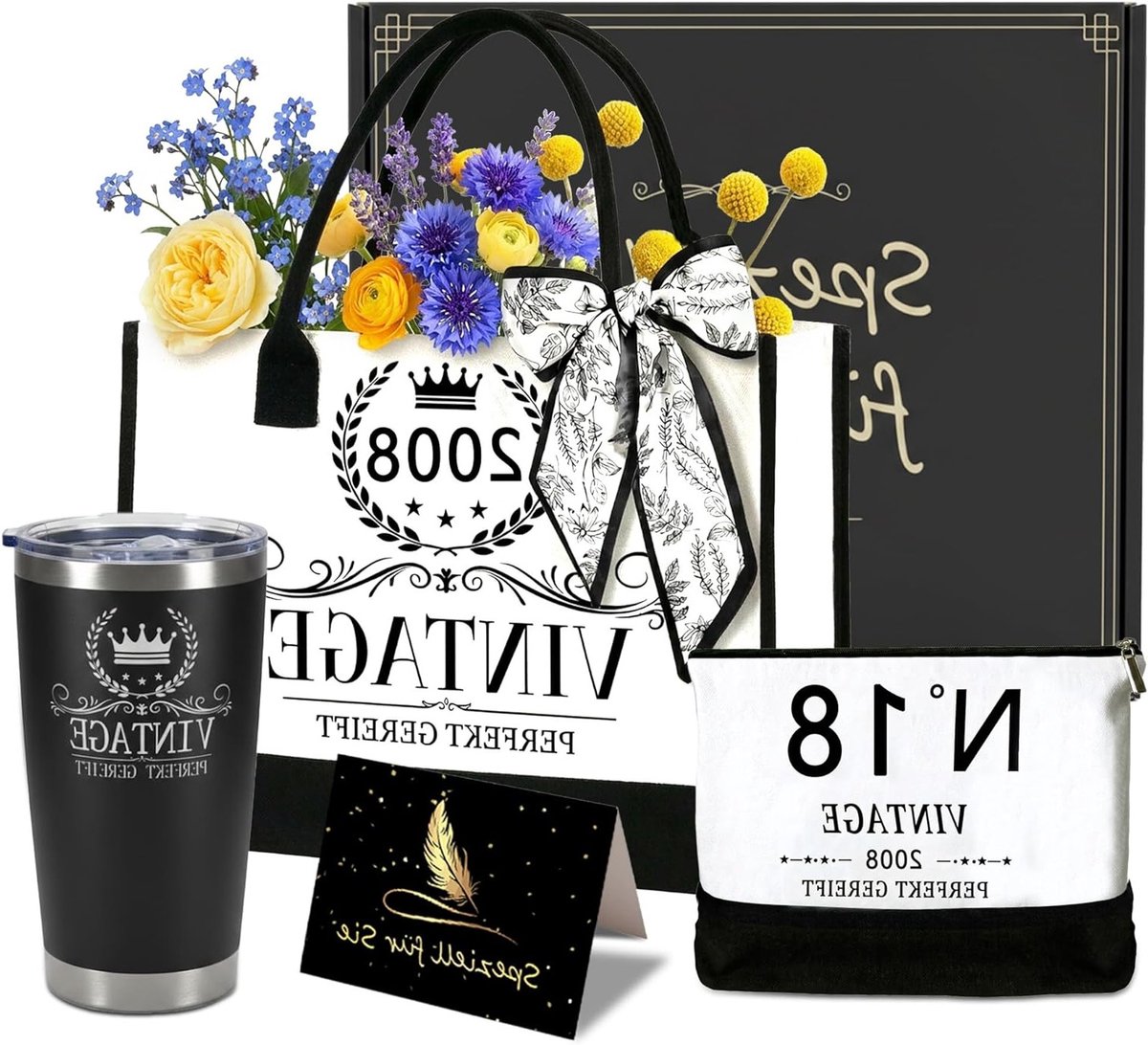 18e verjaardag geschenken voor vrouwen: herbruikbare canvas tas, thermische beker en cosmetische tas als origineel cadeau voor zus of vriendin