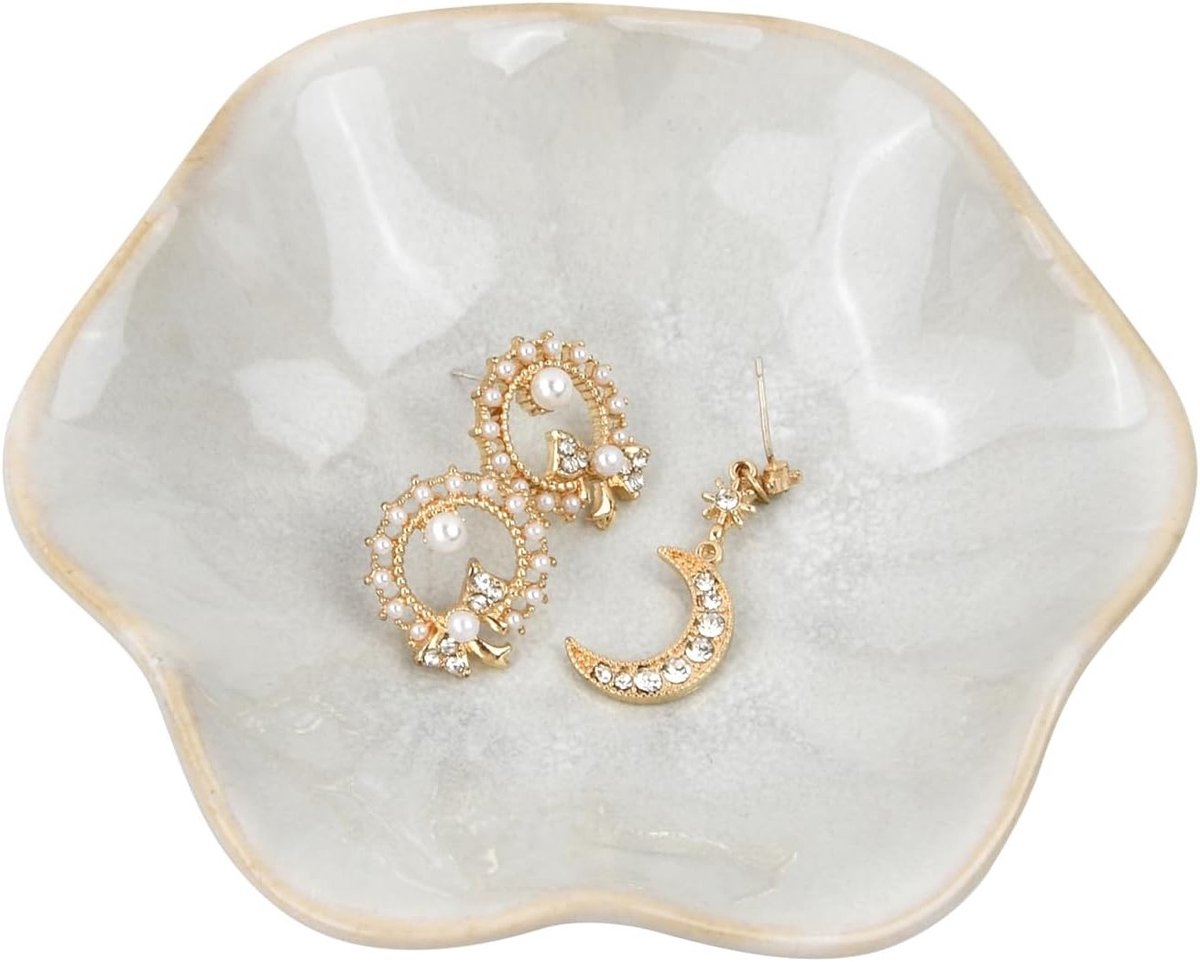 Handgemaakte keramische sieradenhouder met lotusblad, decoratieve schaal voor ringen, sleutels en accessoires, stijlvolle opbergoplossing voor slaapkamer of kaptafel (wit)
