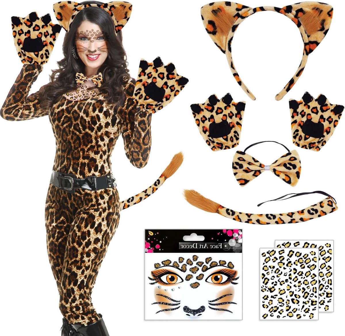 Leopard Kostuum Set met Oren, Staart, Strik en Handschoenen voor Halloween en Verkleedpartijen