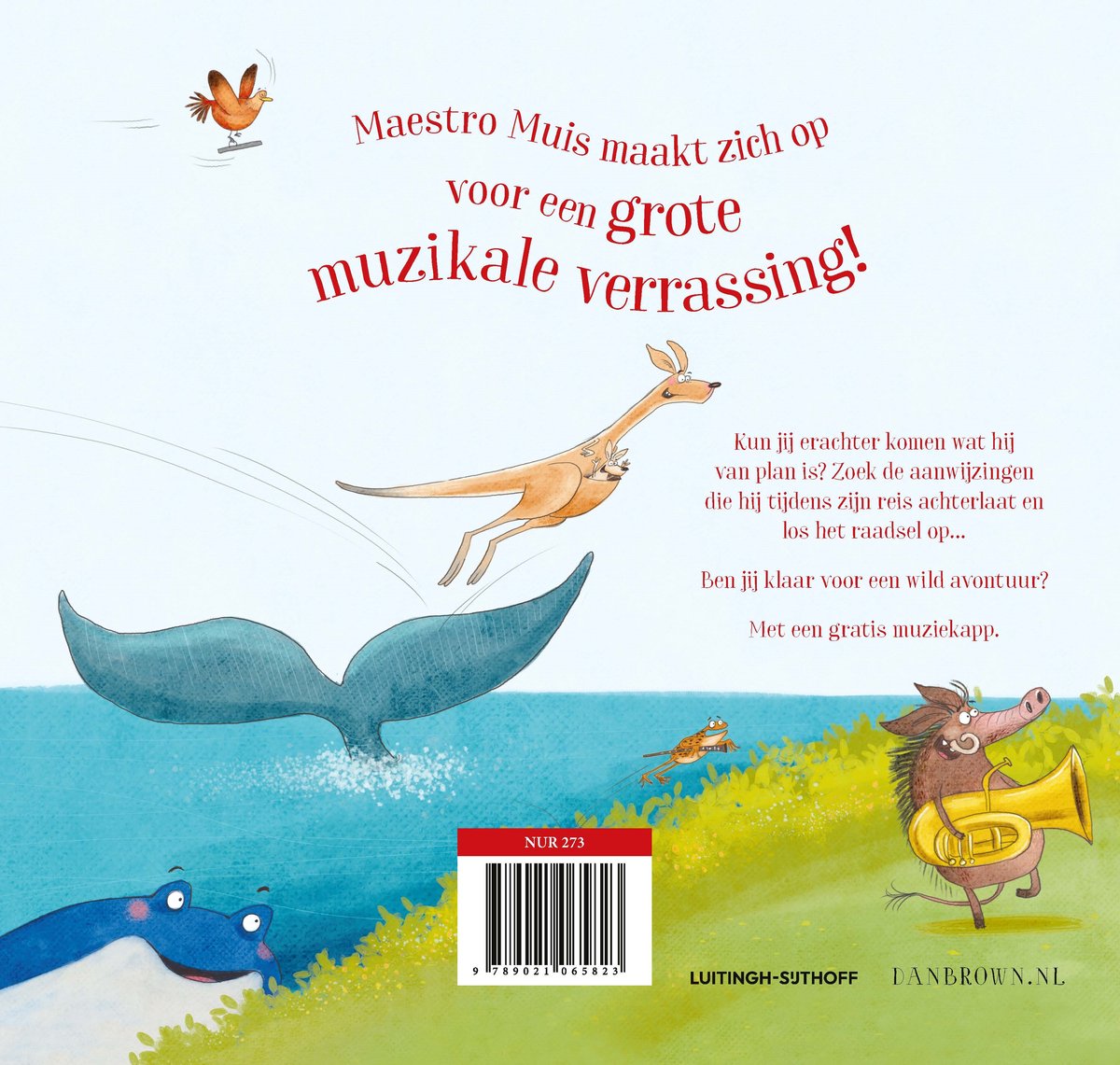 Een kangoeroe springt over de staart van een walvis, met een everzwijn dat een saxofoon speelt op de oever.