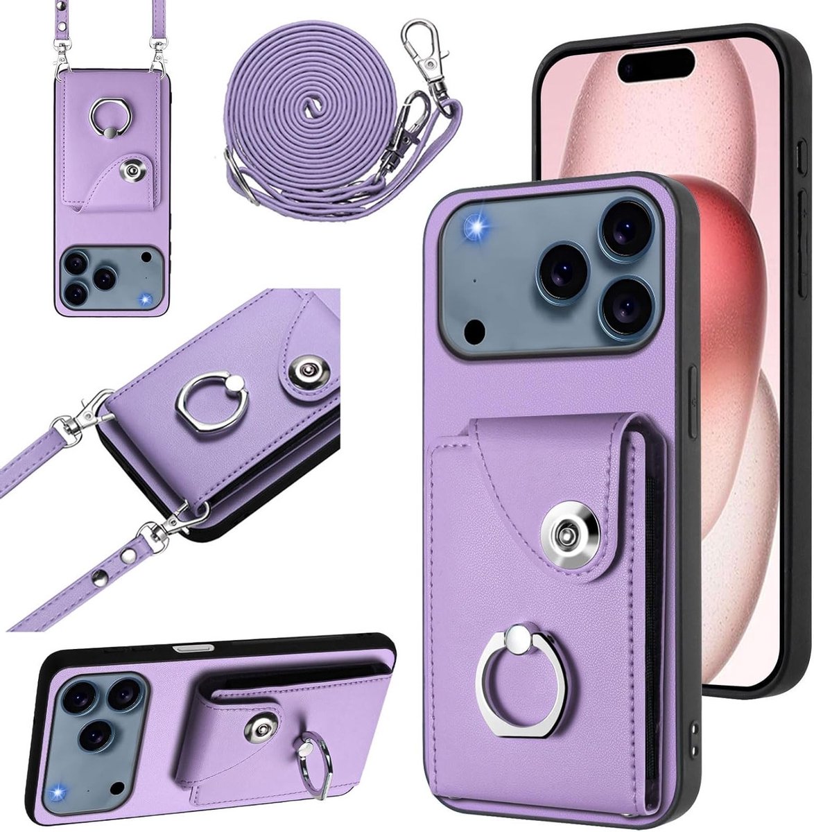 iPhone 17 Pro Max Hoes met Strap, Ringstand en Kaartcompartiment - Schokbestendige Wallet Case voor Vrouwen met Verstelbare Nekkoord
