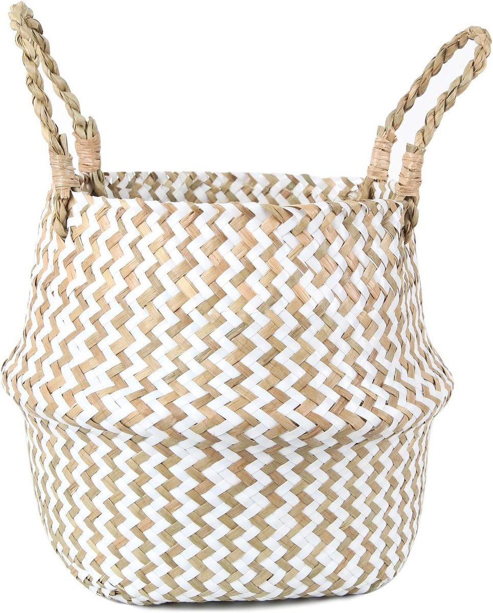 SnelShoppen - Feilanduo Wasmand - Wicker Gevlochten Bovenmanden - Handgeweven Zeegras - Vouwbaar met Plantenpot Deksel en Handvat - Wit - Groot - Deco