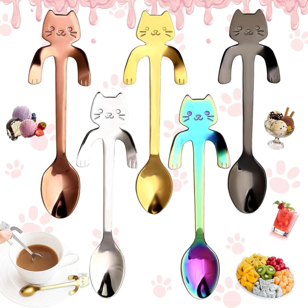 Set van 5 RVS Theelepels met Kattenontwerp voor Koffie, Thee en Desserts - Mini Roerlepels voor Melk, Suiker en Soepen